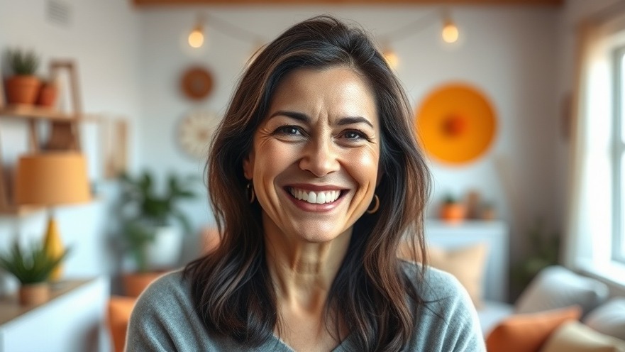 Middle-aged woman smiling in a vibrant studio, embodying gratitude in difficult times.