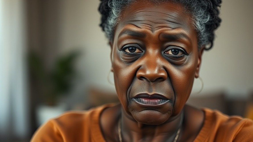 Sad middle-aged black woman in a neutral indoor setting, reflecting on national political news.