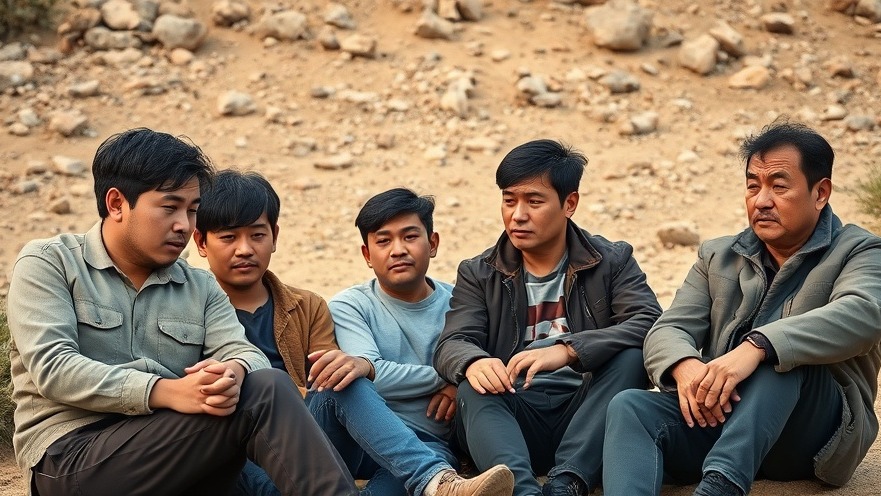 Sad young Chinese men discussing border policy USA outdoors, photorealistic detail.