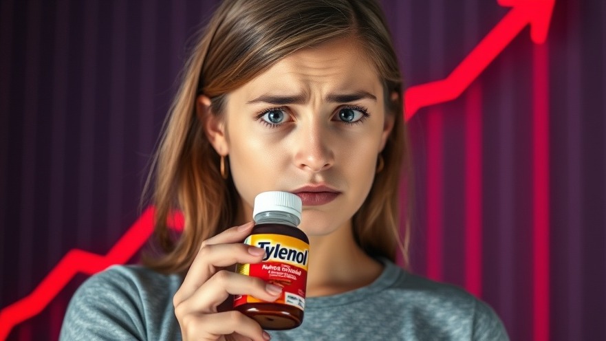 Worried woman with Tylenol bottle, autism causes graph in background.