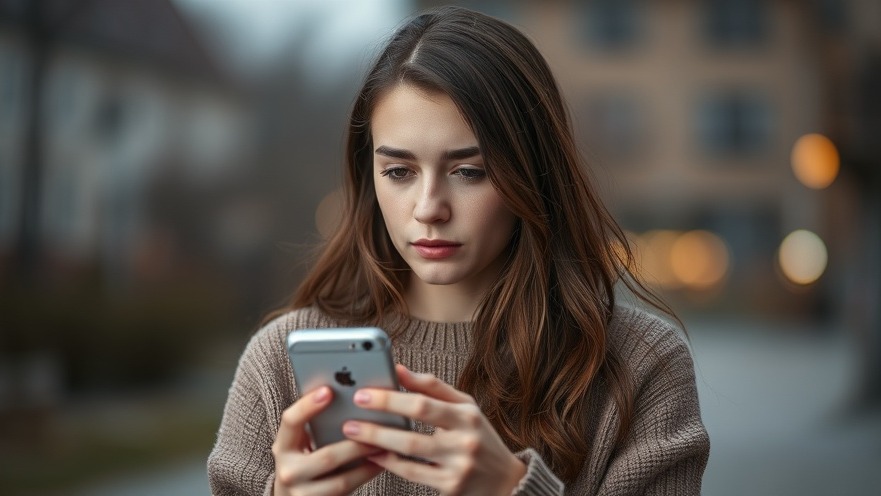 Young woman feeling sad while holding her phone, reflecting on emotional wellness.