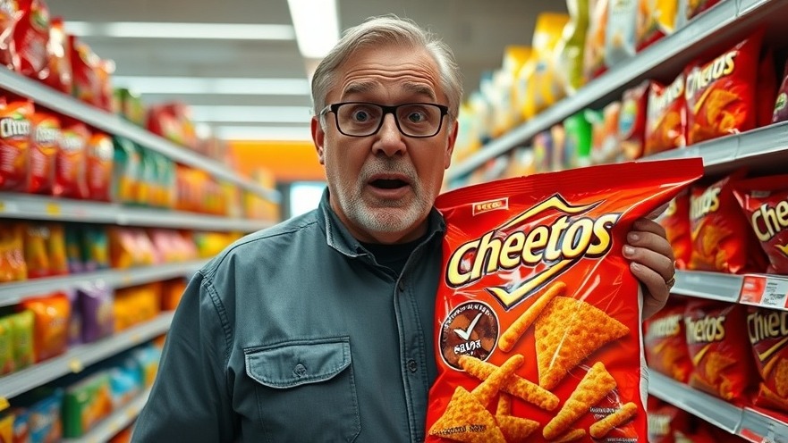 Surprised man with Cheetos, exploring junk food cravings in a vibrant grocery aisle.