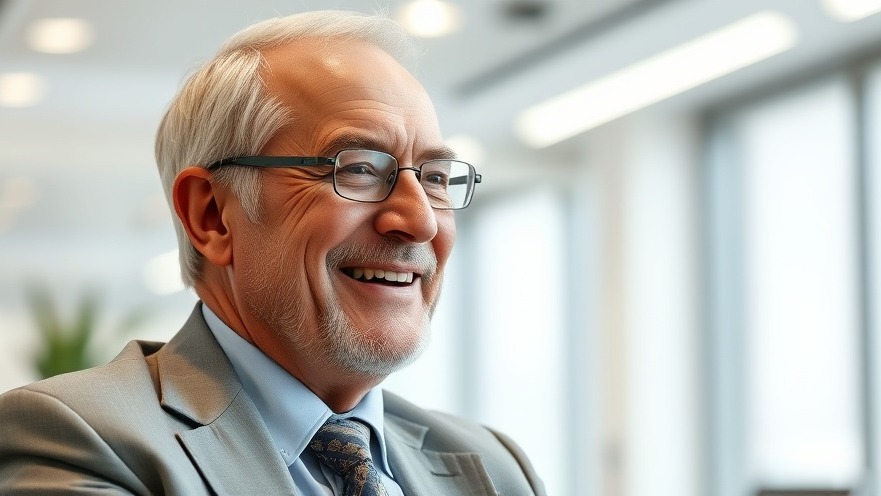 Smiling older man discussing mental health tips in a professional office setting.