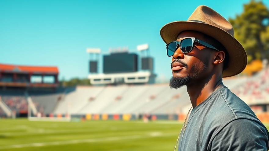Confident black football player embodies NFL draft controversy amidst vibrant stadium backdrop.