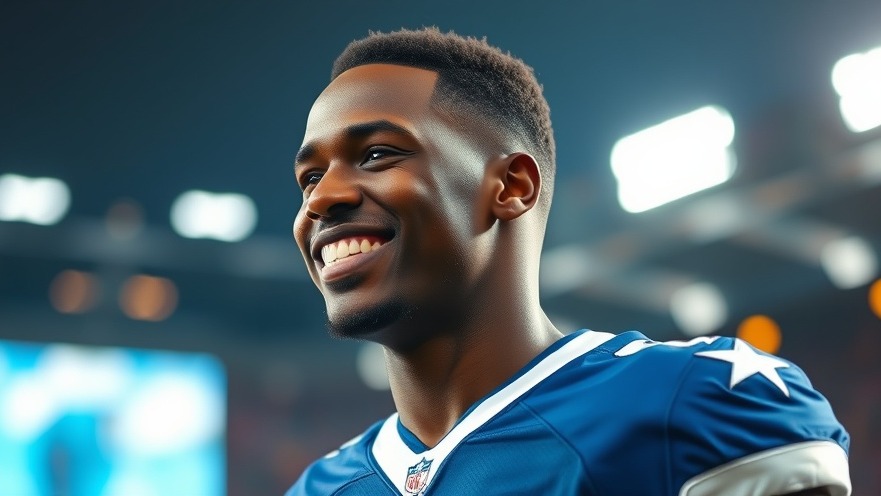 Dak Prescott smiling in Cowboys jersey, showcasing NFL news and stats.