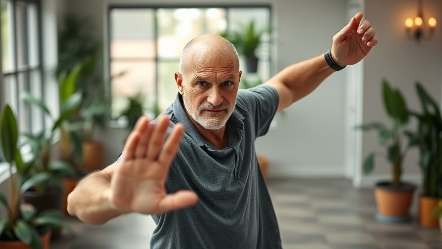 Bald senior man performing deep breathing exercises for sleep in a serene indoor setting.