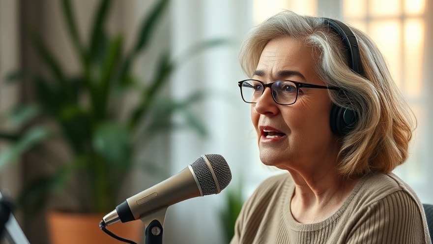 Older female podcaster sharing longevity tips for healthy aging, warm indoor setting.