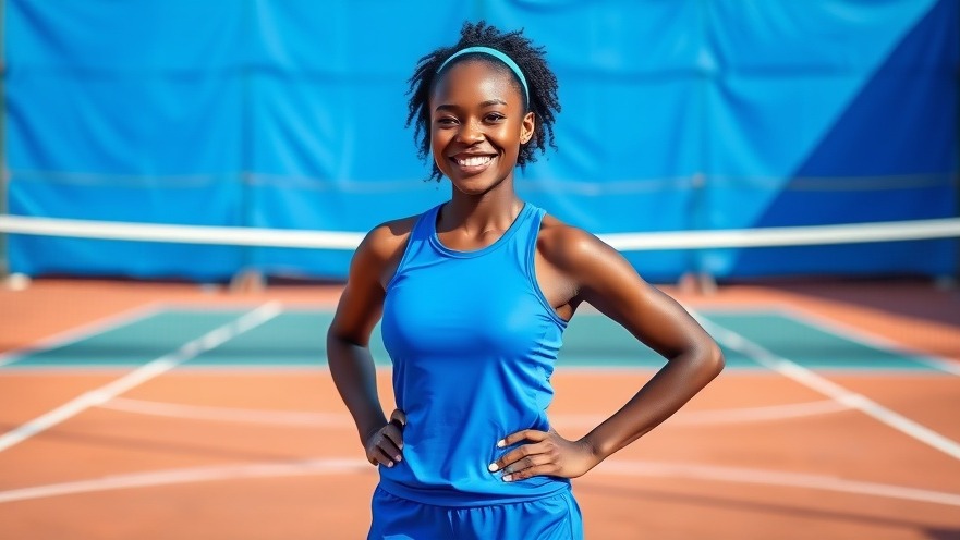 Young black female athlete promoting a healthy lifestyle on a vibrant tennis court.
