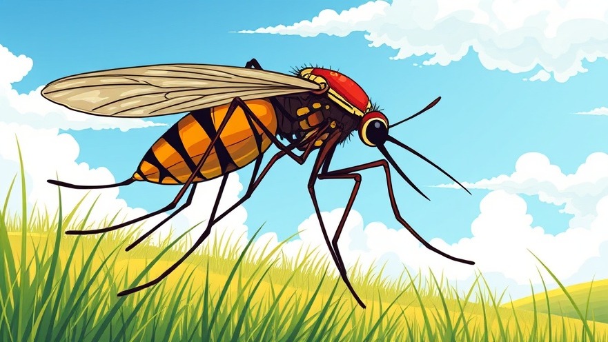Vintage cartoon illustration of a mosquito over a sunny grassy landscape promoting family-centered living.