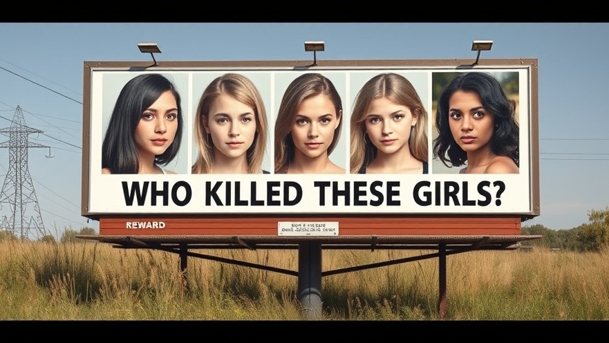 Outdoor billboard in Austin asking 'WHO KILLED THESE GIRLS?' with portraits.