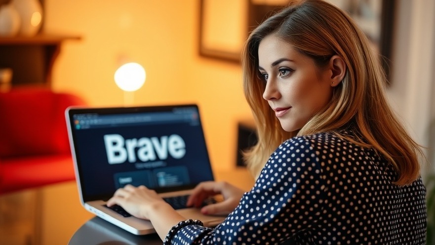 Woman using a laptop with 'BRAVE' on screen, highlighting digital privacy in user-centric browsers.