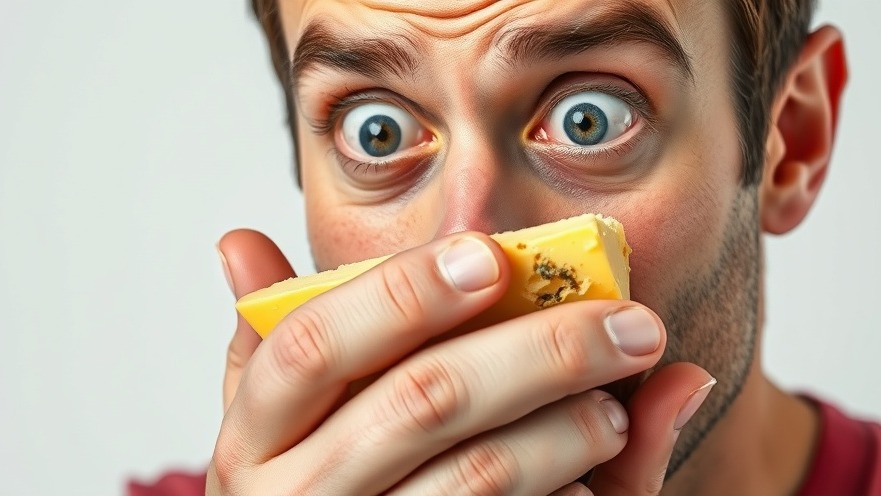 Surprised man reacting to moldy cheese, highlighting health risks of mold.