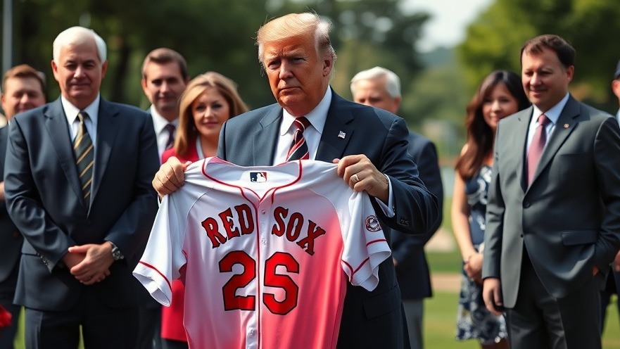 Trump holding a Red Sox jersey at an outdoor event, blending sports and politics.