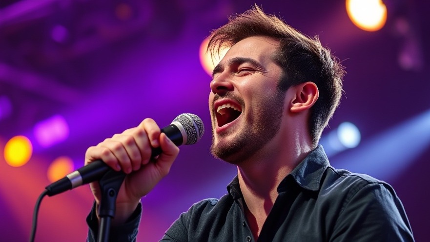 A male singer passionately performing at San Antonio cultural events, with vibrant purple stage lighting.
