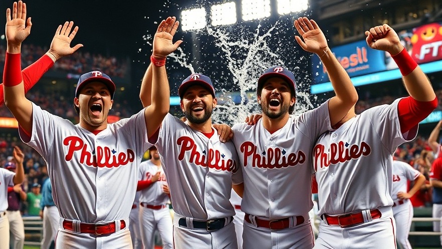 Philadelphia Phillies win celebration with players splashing water at night stadium.