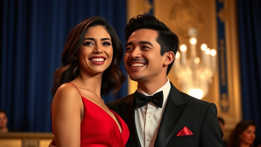 Elegant Hispanic couple in red dress and tuxedo, celebrating emotional wellness at home.