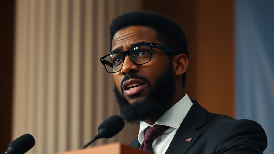 Angry black male politician at podium discussing national political news and emergency funds