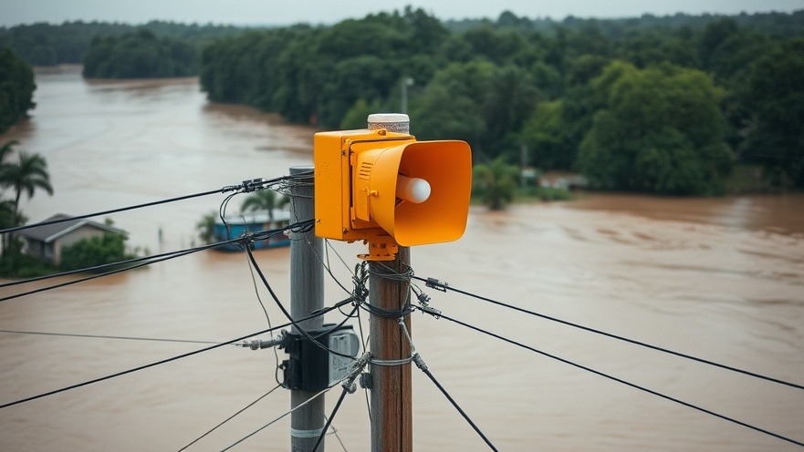 Texas emergency communication siren above a flooded river in Kerr County.