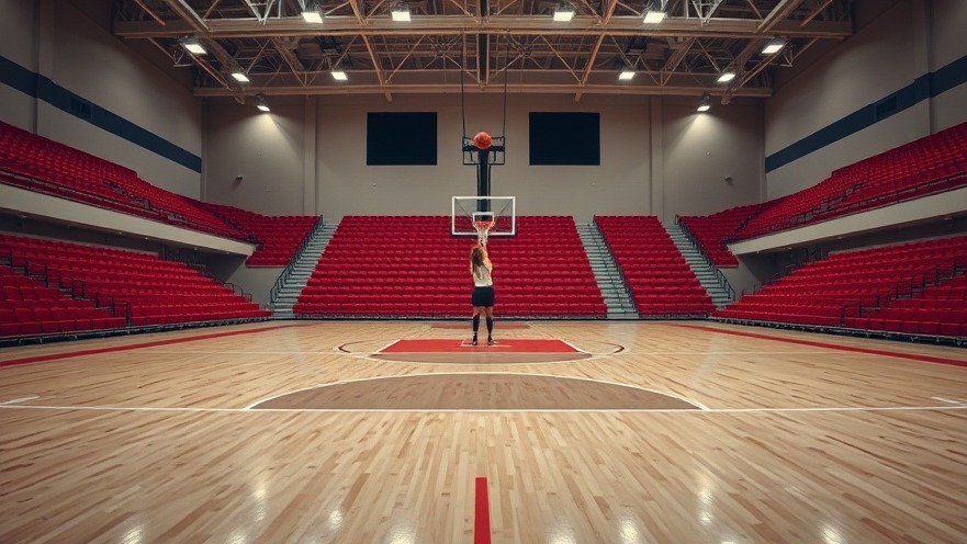 Dynamic indoor basketball court with a player shooting, NCAA recruiting updates.