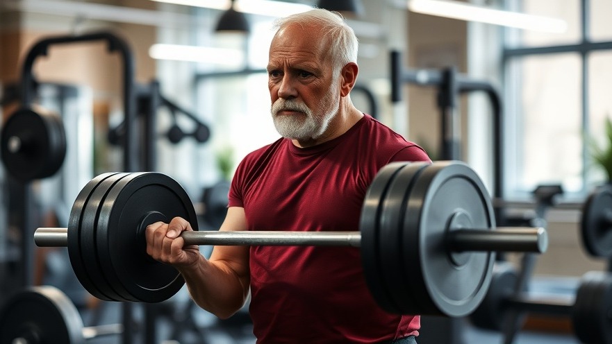 Senior man lifting weights in gym for longevity tips and healthy lifestyle habits.