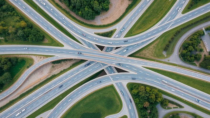 Aerial view of a complex highway cloverleaf, highlighting urban development's impact on local businesses.