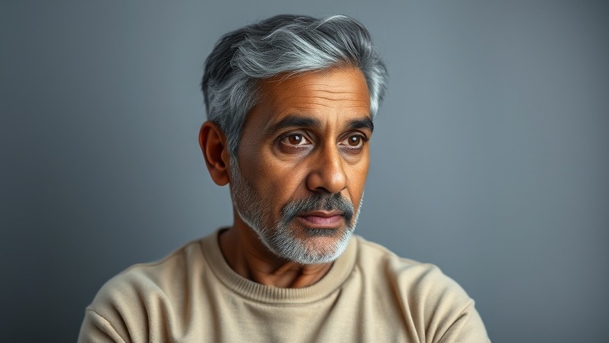 Pensive Indian man discussing digestive health issues in seniors, soft lighting.