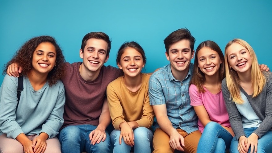 Cheerful teenagers practicing mental health meditation against a gradient blue background.