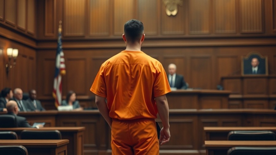 Prisoner in orange jumpsuit stands before judge, highlighting U.S. court system dynamics.