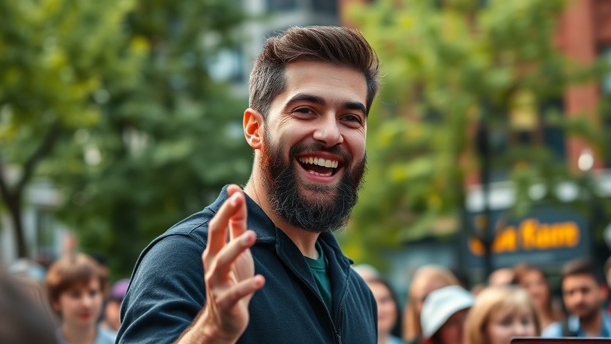 Young man engaging audience on urban food accessibility at an outdoor event.