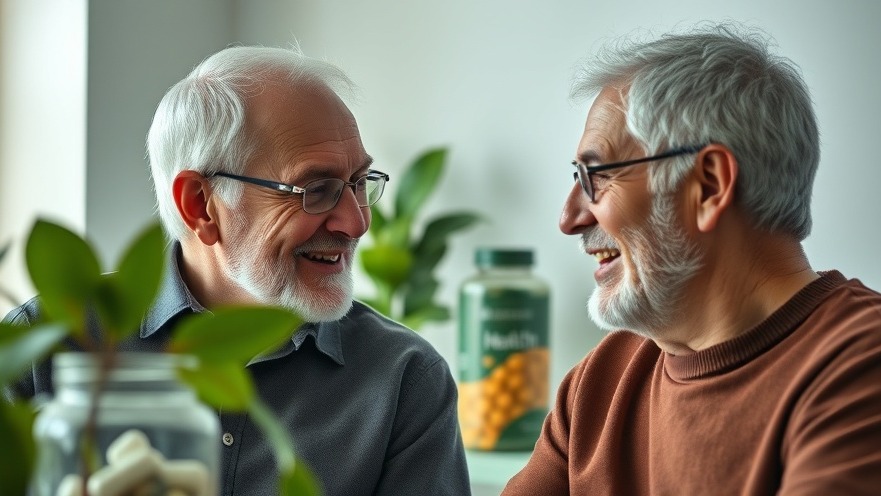 Two senior men discussing personalized health strategies with supplements in a vibrant scene.