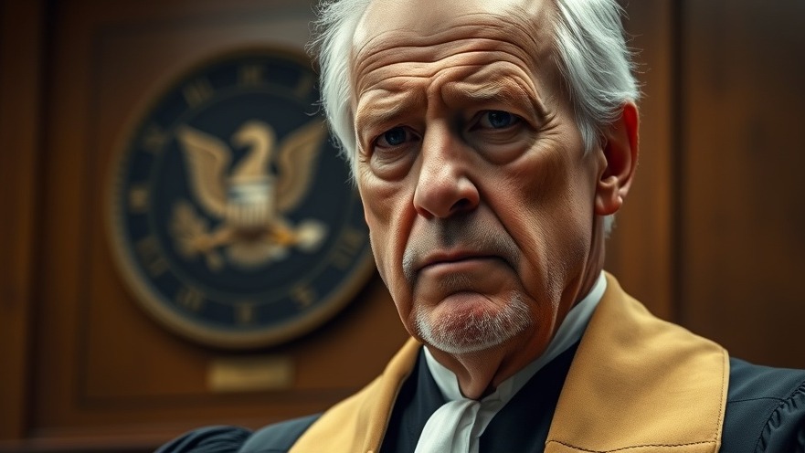 Judicial integrity depicted in a serious judge's portrait, courtroom backdrop.