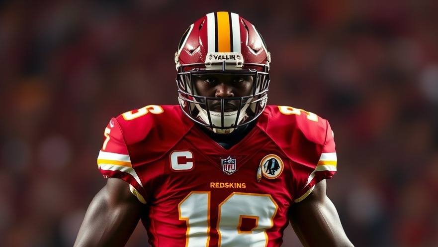 Black football player in Washington Commanders jersey for NFL news updates.