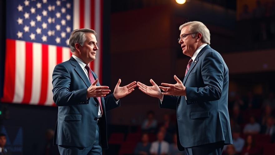 Two businessmen debate on stage during the Texas primary elections with a vibrant American flag backdrop.