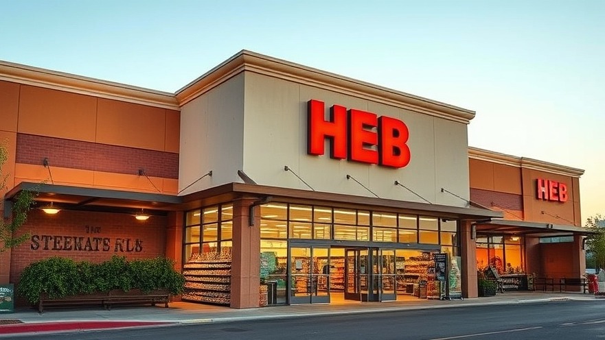 Modern H-E-B grocery store exterior, a vibrant community celebration at dusk.
