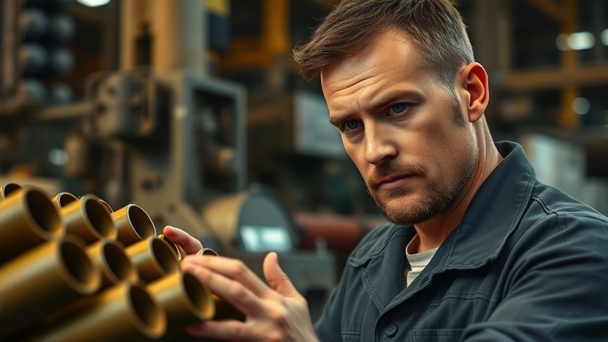U.S. support Ukraine: worker inspects artillery shells in high-detail industrial setting.