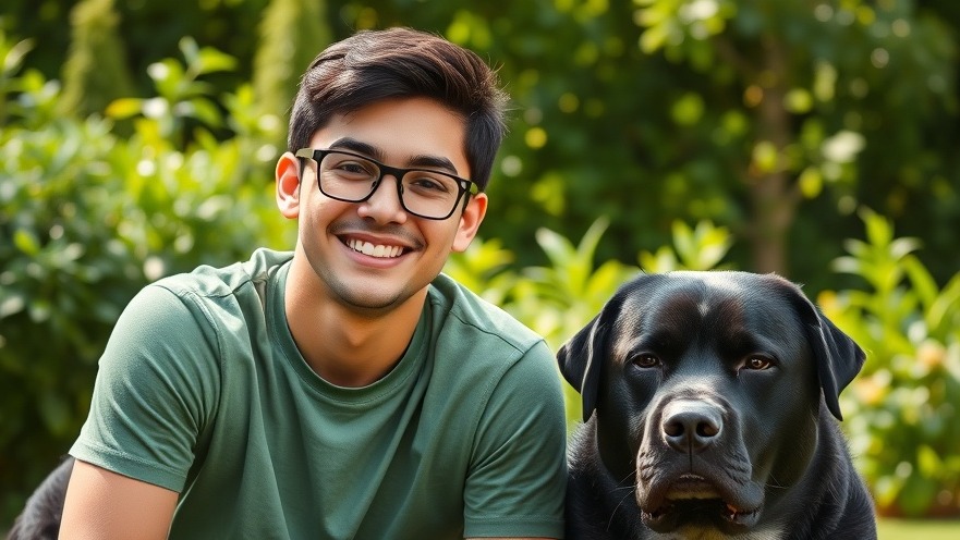 Young man in green shirt with dog at community support events in Beaumont's lush garden.