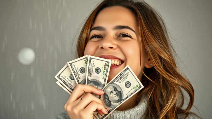 Happy woman celebrating as money rains down, reflecting Texas lottery controversies.