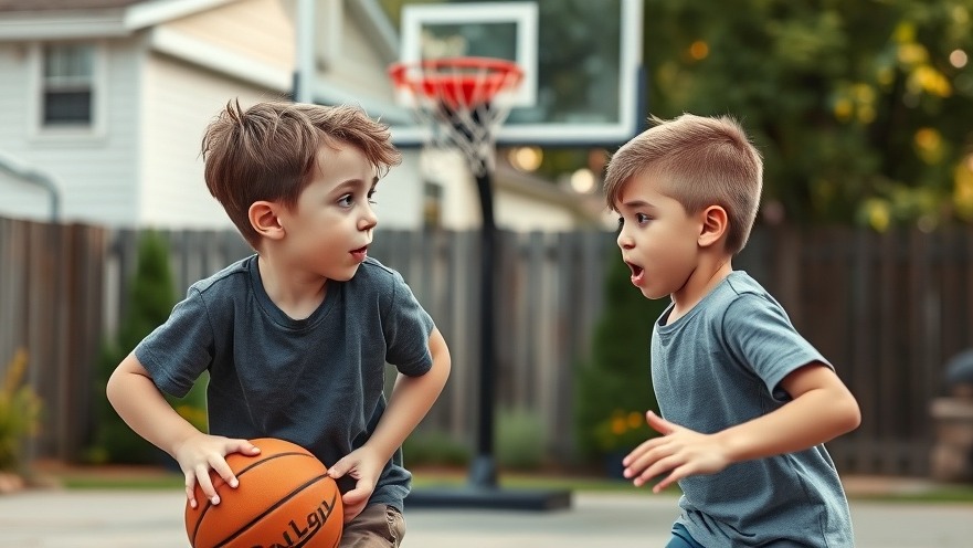 Siblings showcasing family bonds in sports during a backyard basketball game.