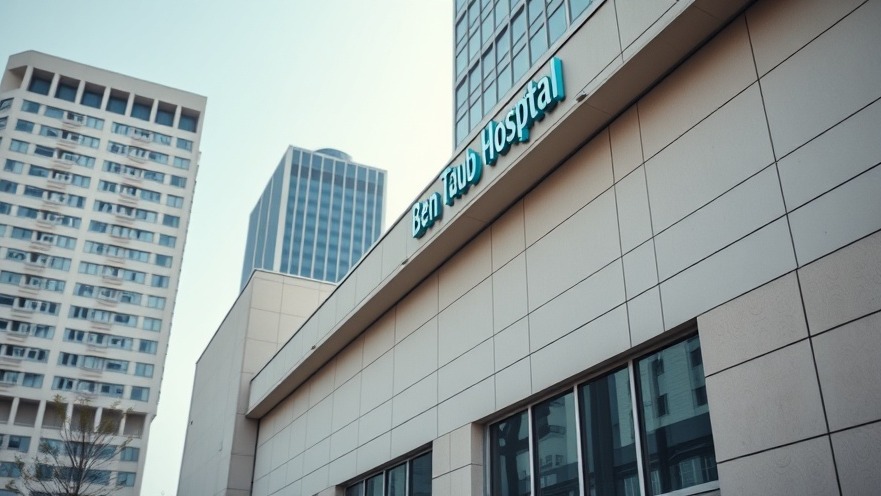 Photorealistic view of Ben Taub Hospital in Hermann Park, showcasing urban healthcare architecture.