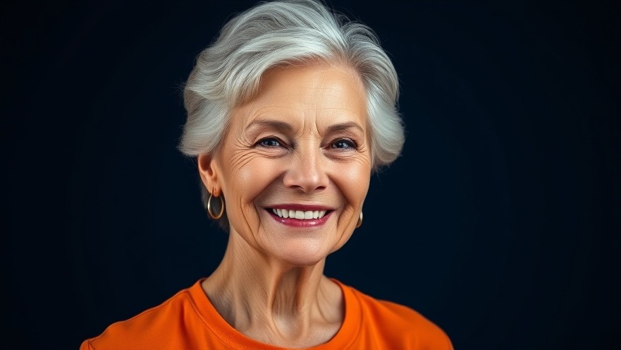 Smiling older woman in orange shirt promoting natural skincare and skin health