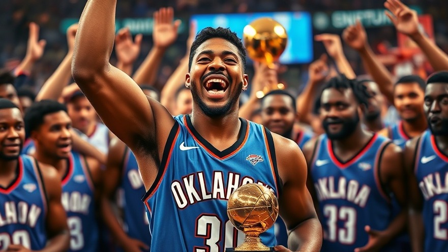 Excited Thunder player celebrates NBA playoffs victory in blue jersey.