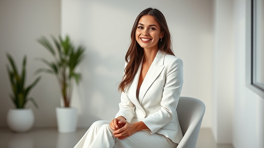 Slender young brunette in a white suit, smiling warmly, capturing Netflix Too Much vibe.