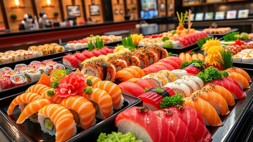 Colorful sushi platters in a vibrant restaurant setting, perfect for San Antonio date night ideas.
