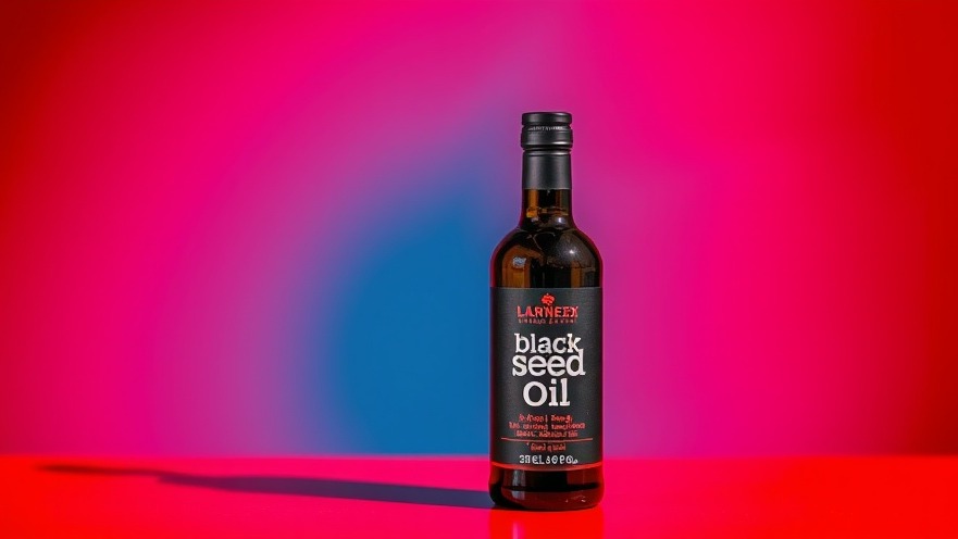 Black seed oil bottle on a vibrant blue and red background promoting natural health tips.