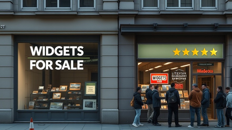 Photorealistic storefronts with 'WIDGETS FOR SALE' sign and crowds.