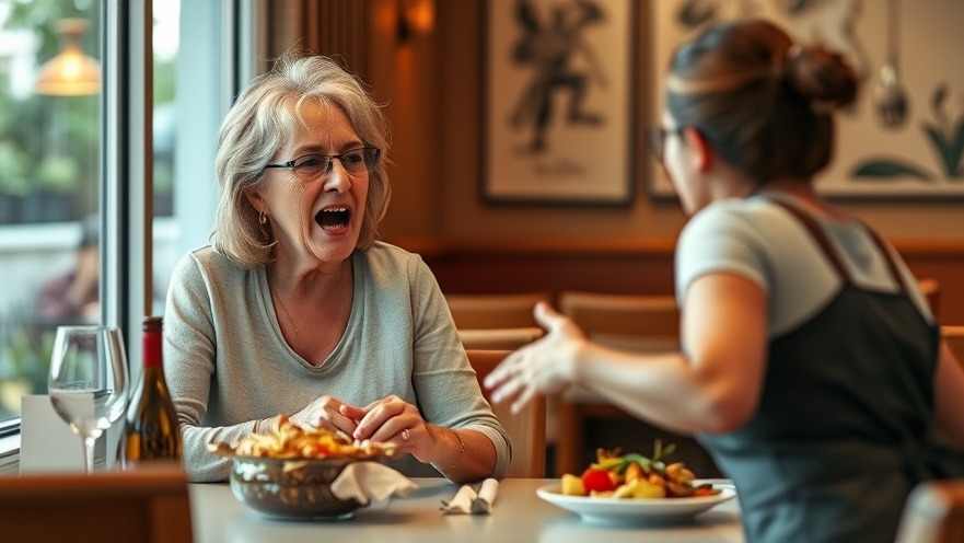 Middle-aged woman expressing frustration at a restaurant, emphasizing mindfulness techniques in stressful situations.