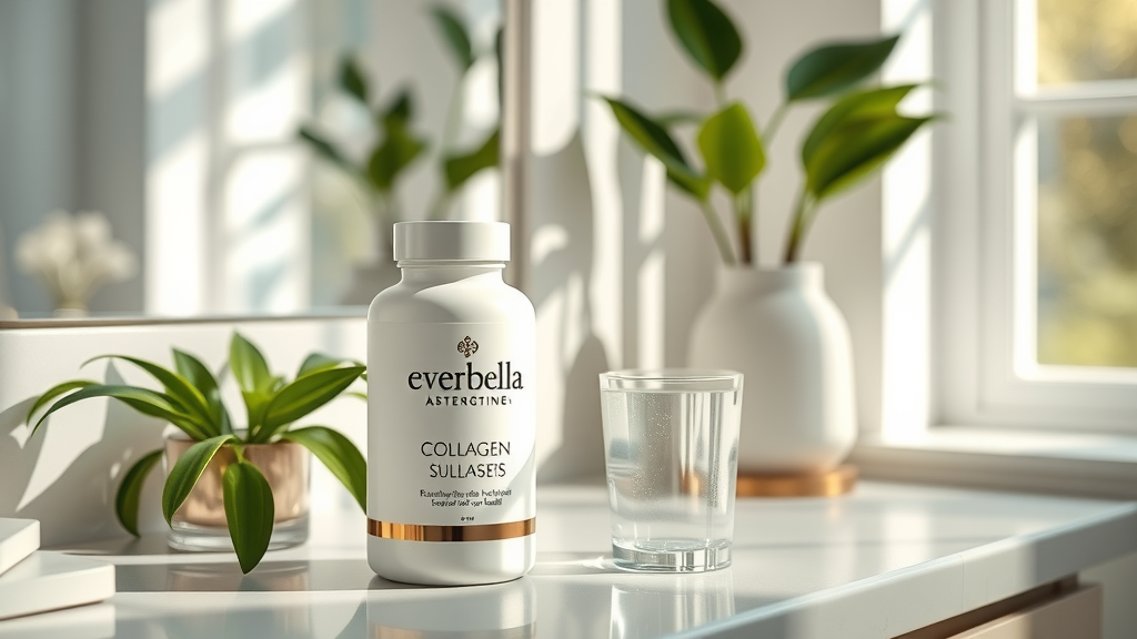 Modern bottle of Everbella best collagen for skin and hair supplement