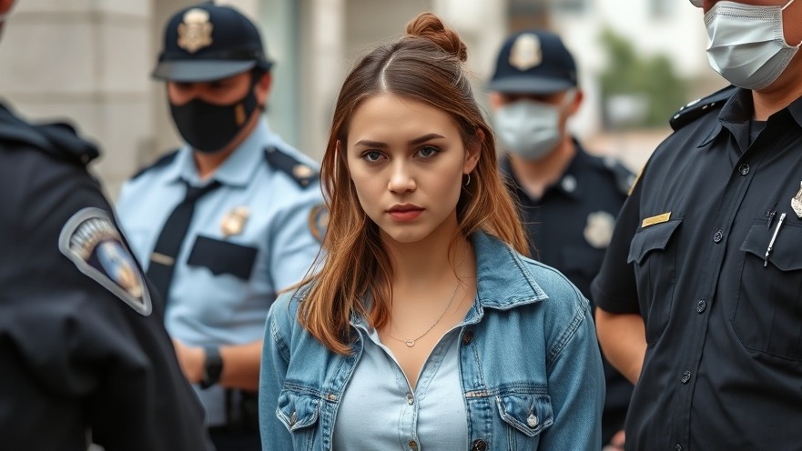 Young woman in casual attire, arrested, highlighting student safety policies.