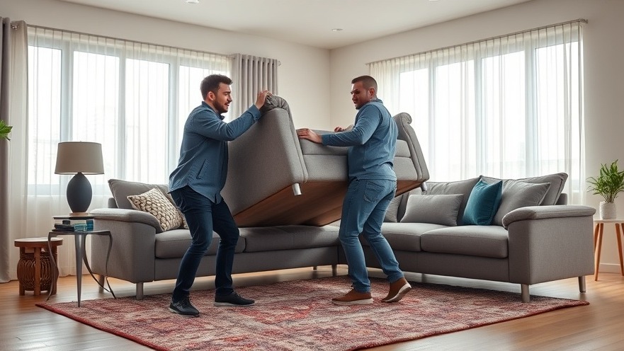 Two men lifting a couch in a modern living room, capturing dynamic expressions while searching for a remote control.