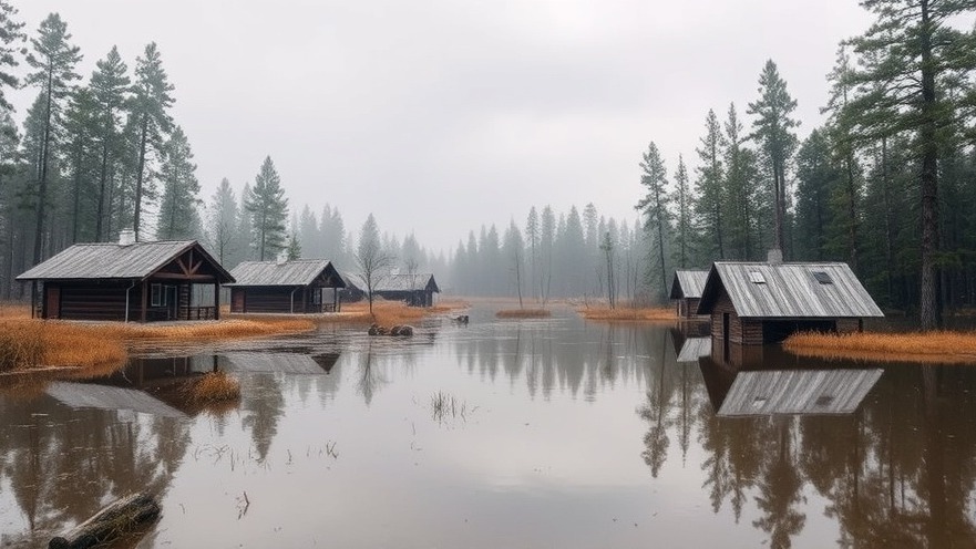 Flooded camp and cabins highlighting Texas flood safety and youth camp regulations.